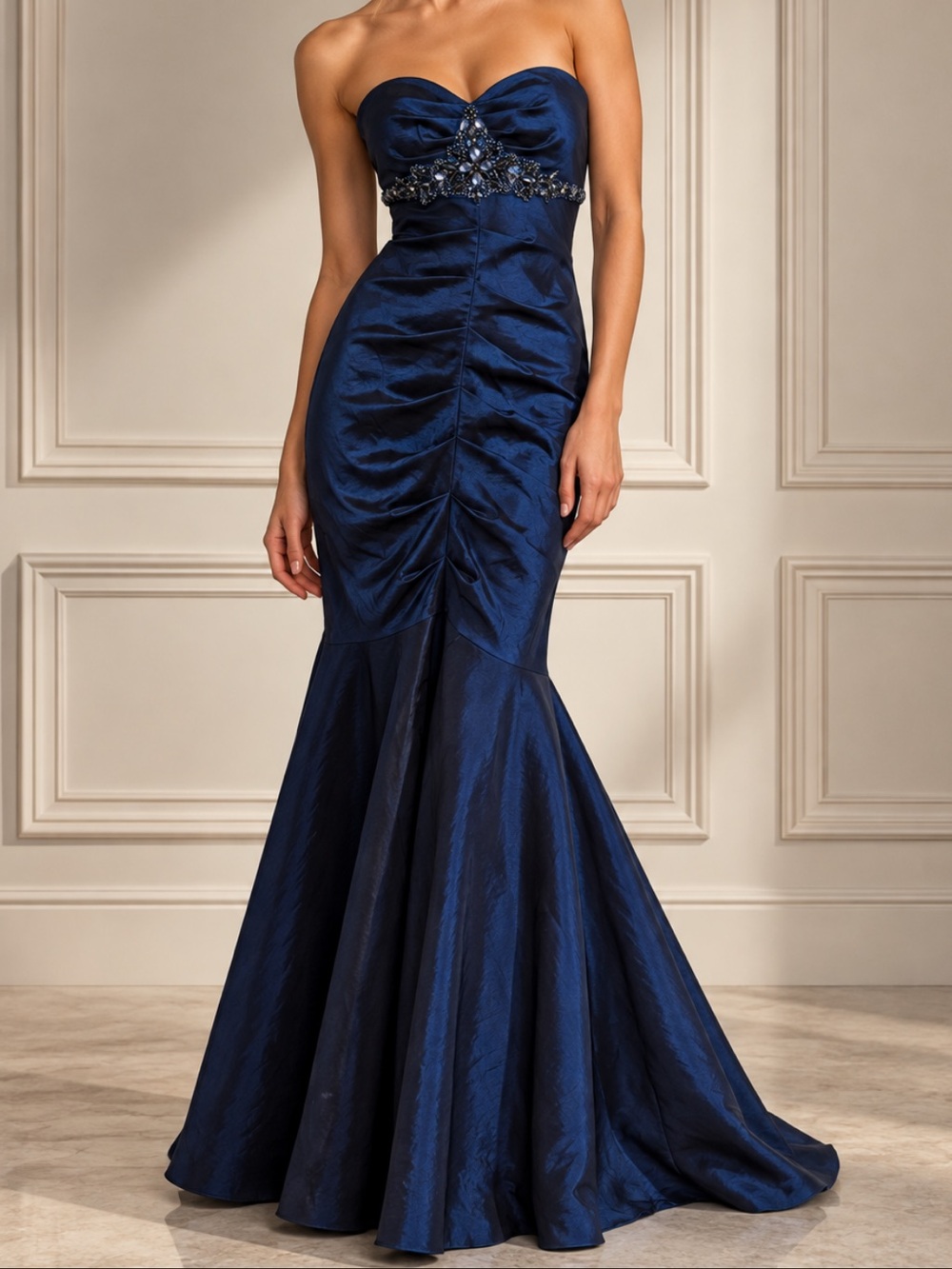 Cache Vintage Y2K Navy Blue Strapless Beaded Mermaid Gown Dress Size 12